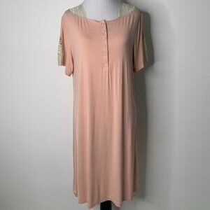 Vivis Women's Pink Cream Buttoned Lace Short Sleeve Viscose Midi Dress Large